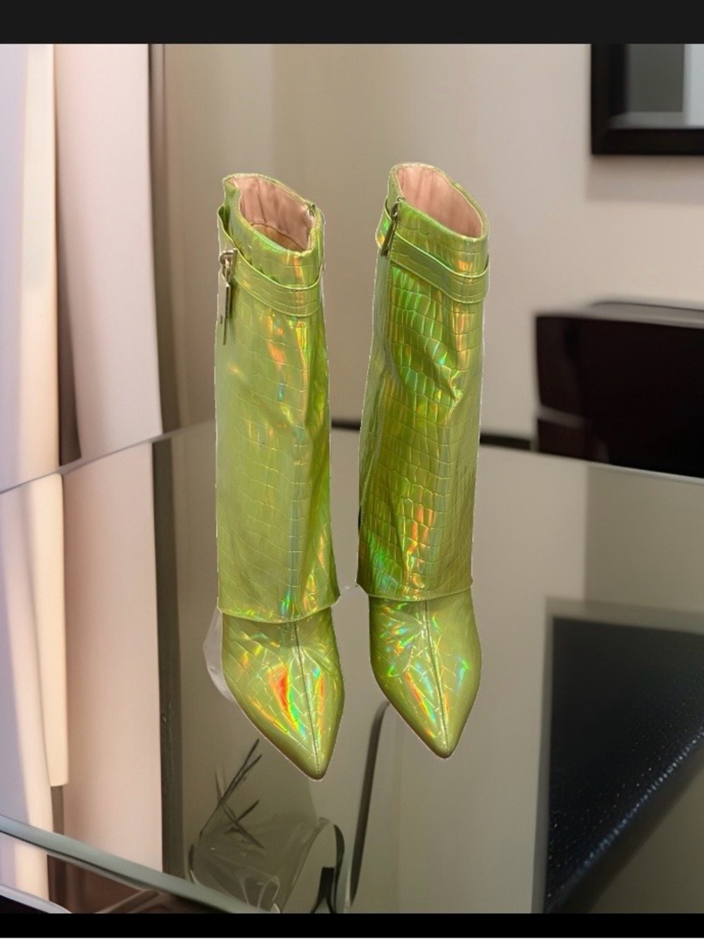 Cape Robbin Iridescent Lime Green Pointed-Toe Croc-Effect Ankle Boots